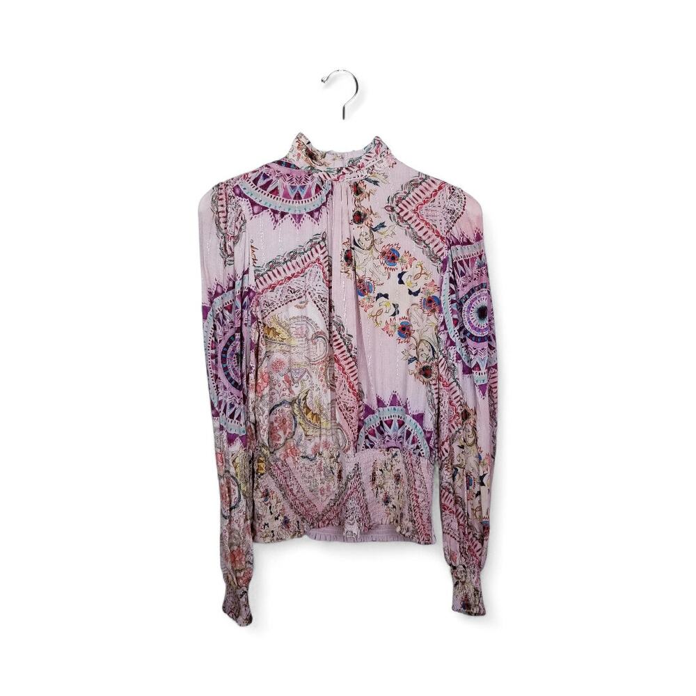 GUESS Monique Printed Mock Neck Smocked Blouse - Size L - Picture 3 of 12